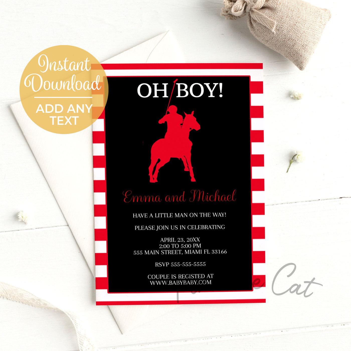 Polo Invitation For Baby Shower Or Birthday Black Red Printable Pink The Cat