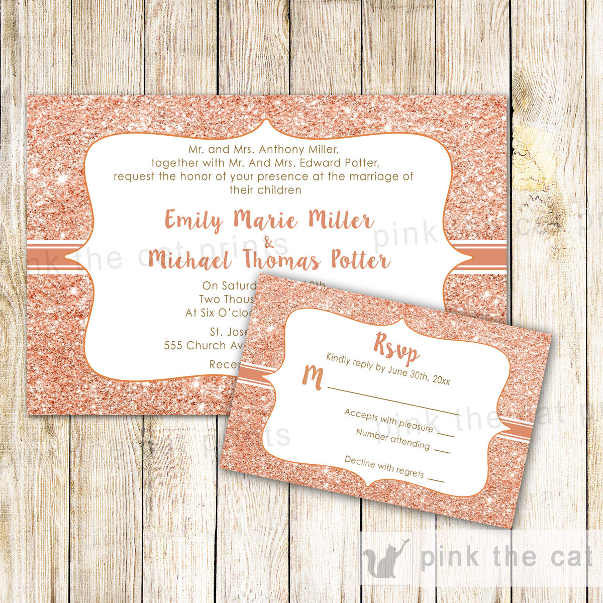 Rose Gold Glitter Wedding Invitations Rsvp Cards Pink The Cat