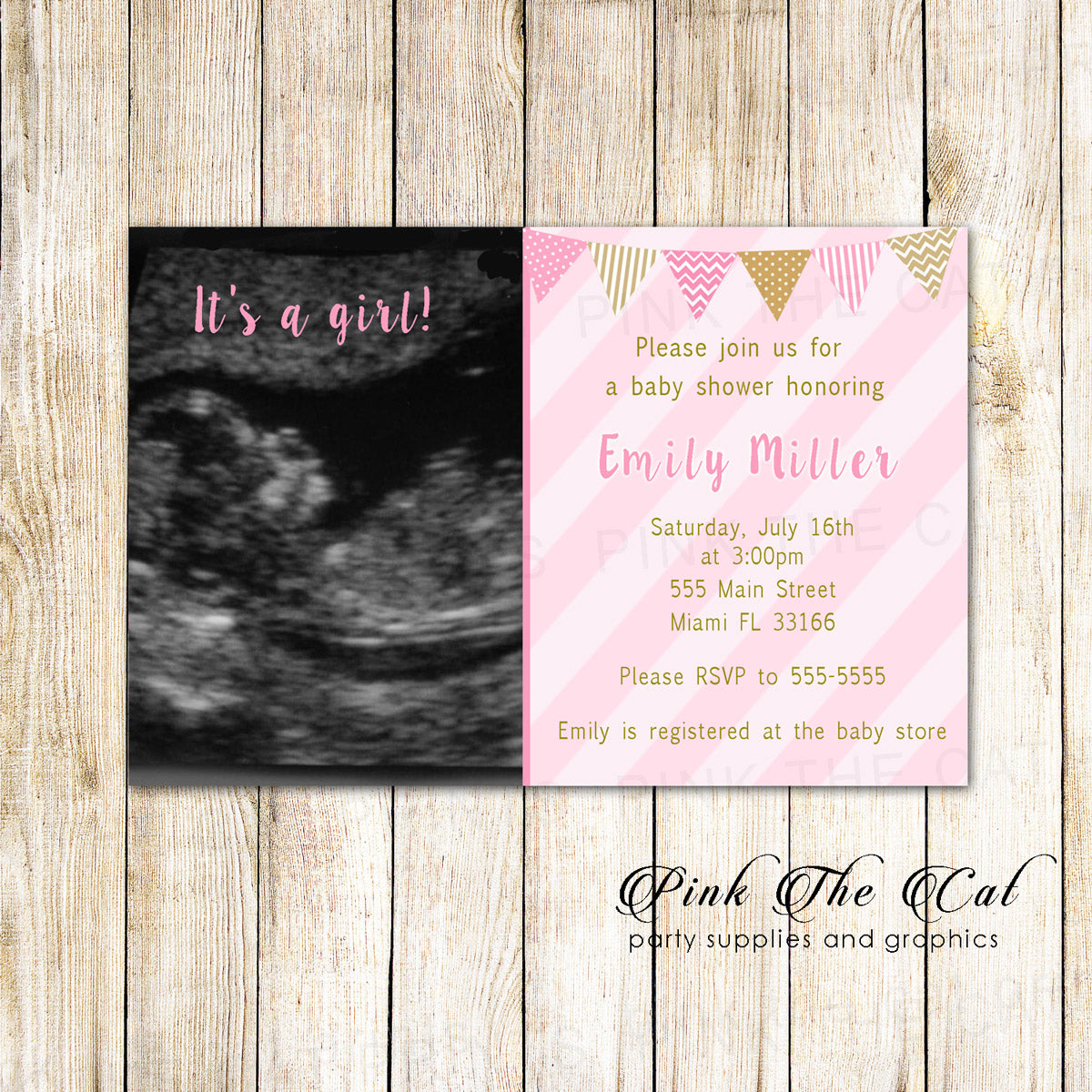 Baby Shower Invitations Pink Gold Girl With Photo Printable Pink The Cat