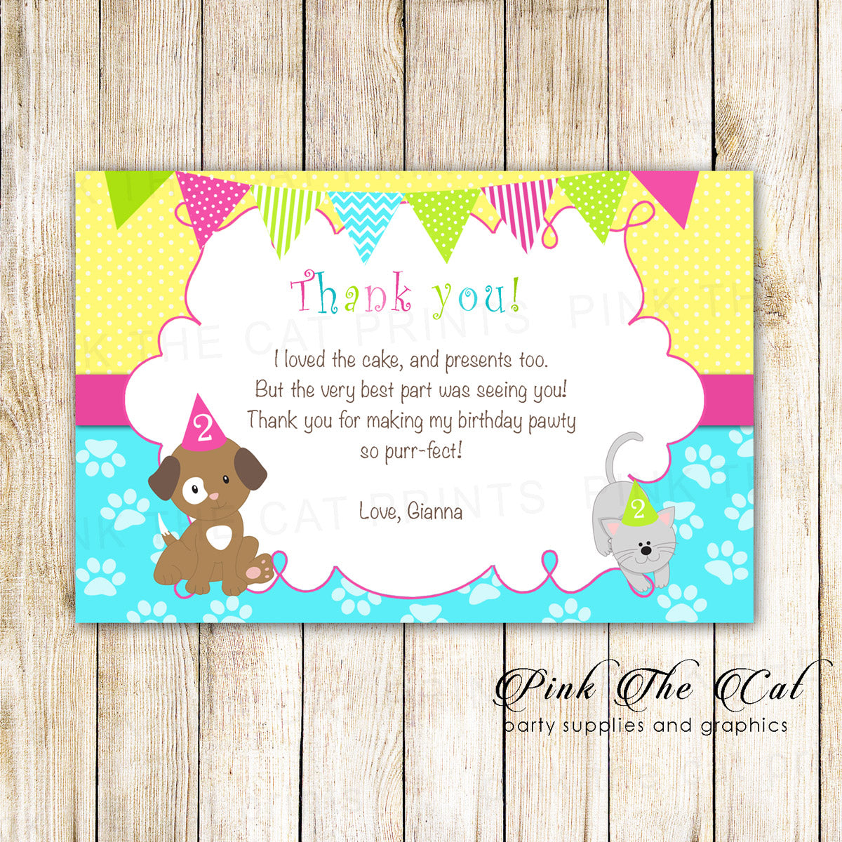 Puppy kitten thank you card kids girl birthday printable – Pink ...