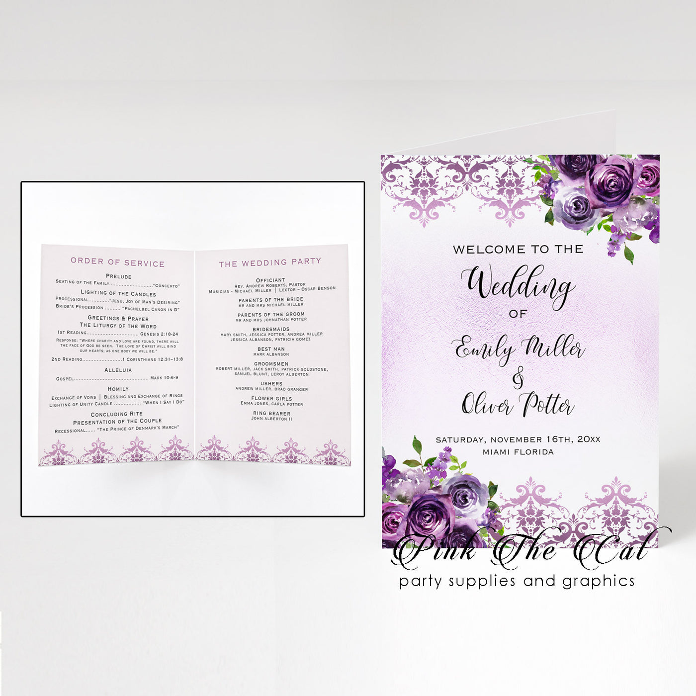 wedding-programs-template-purple-watercolor-flowers-folded-cards-pink