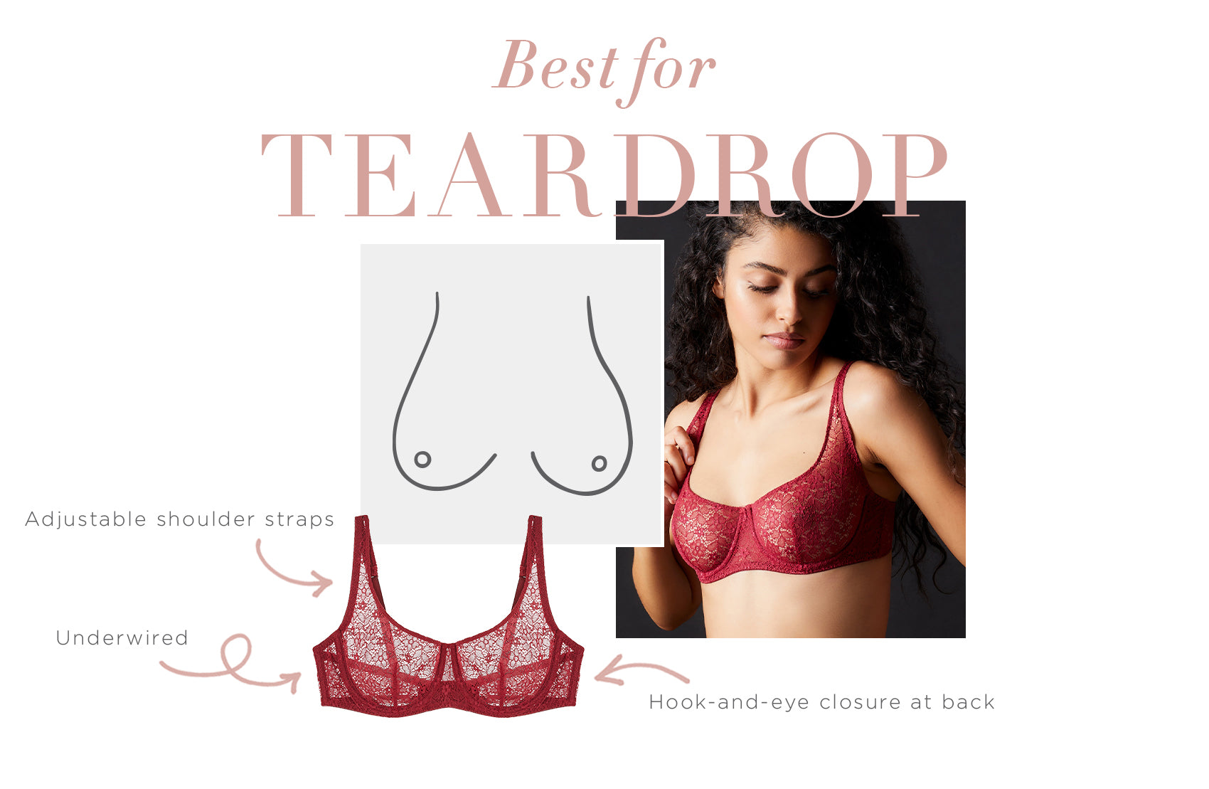 a woman wearing the Journelle Alix bra with the words best for teardrop.	