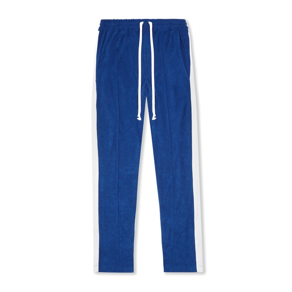 blue track pants with white stripe