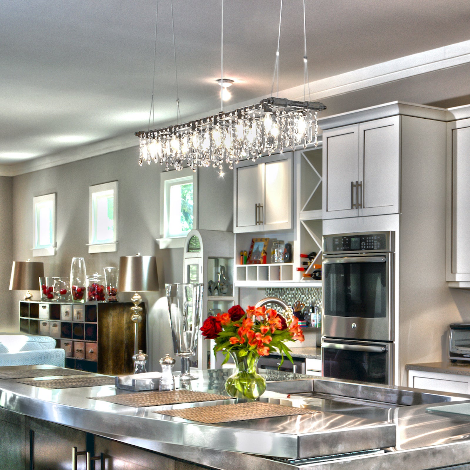 A Tribeca Banqueting Chandelier over a kitchen island