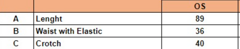 A size chart for the Myrah Penaloza Playa Top & Pantalon Anco Set labeled "OS" features three measurements: A is "Length" at 89, B is "Waist with Elastic" at 36, and C is "Crotch" at 40. The chart has an orange header and black text on a white background.