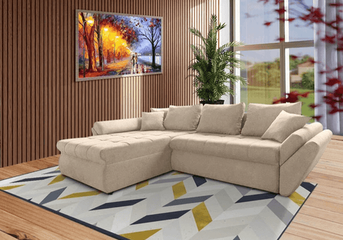 Colțar extensibil cu ladă de depozitare Loana Bej 275x185 cm | Dumonde Furniture & Deco Concept.