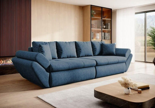 Canapea extensibilă cu ladă de depozitare si sezut confortabil din spuma HR, Loana Albastru Marin 300x100 cm | Dumonde.ro