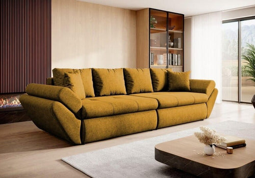 Canapea extensibilă cu ladă de depozitare si sezut confortabil din spuma HR, Loana Muștar Fresh 300x100 cm | Dumonde.ro