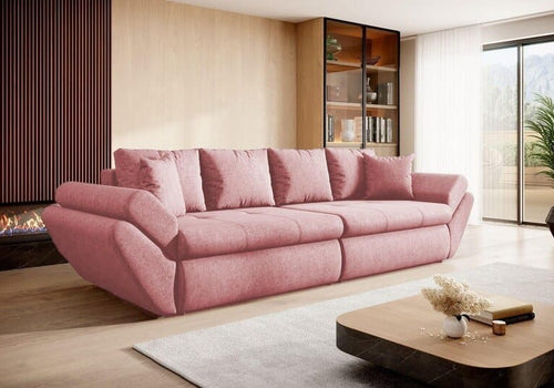 Canapea extensibilă cu ladă de depozitare si sezut confortabil din spuma HR, Loana Pink 300x100 cm | Dumonde.ro