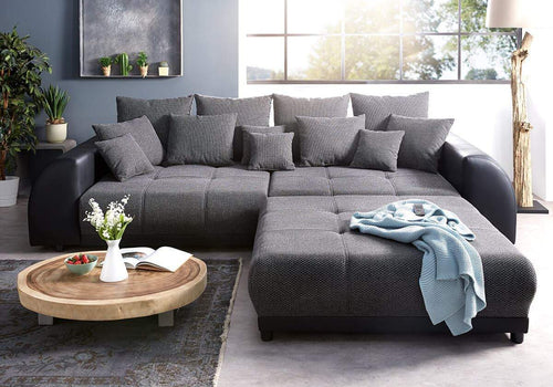 Canapea extensibilă cu 2 lăzi de depozitare si sezut confortabil din spuma HR, Big Sofa Verona Dark Grey 310x100 cm cu taburet inclus | Dumonde.ro