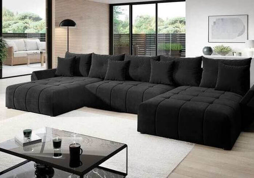 Colțar extensibil cu ladă de depozitare Berlin U Black 380x180 cm | Dumonde Furniture & Deco Concept.