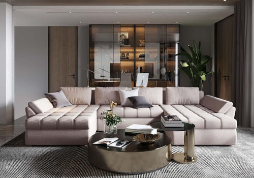 Colțar extensibil cu ladă de depozitare Loana Bej U 370x185 cm | Dumonde Furniture & Deco Concept.