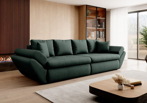 Canapea extensibilă cu ladă de depozitare si sezut confortabil din spuma HR, Loana Euphoria Green 300x100 cm | Dumonde.ro