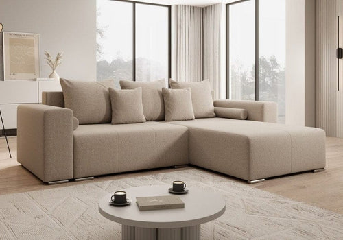 Colțar extensibil cu ladă de depozitare si sezut confortabil din spuma HR, Marbela Beige II 275x185 cm | Dumonde.ro