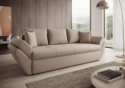 Canapea extensibilă cu ladă de depozitare si sezut confortabil din spuma HR, Loana Bej 250x100 cm | Dumonde.ro