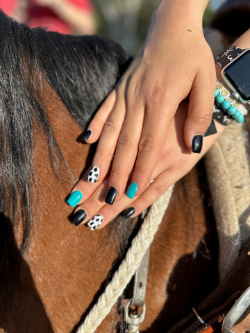 acrylic nails turquoise and black western horse background