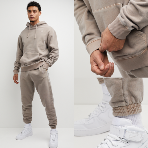 Mens Oversized Tracksuit in beige mocha shade. Hoodie and Joggers are made from premium fabric, cuff rib and drawstrings