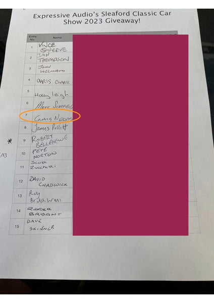 A photo of a sheet of paper with the words "Expressive Audio's Sleaford Classic Car Show 2023 Giveaway!" at the top and a table of names entered into a giveaway. There is a burgundy rectangle on the right hand side blocking out personal information, and in the left hand columns there is an orange oval around the number 7 and the name Craig Needs.