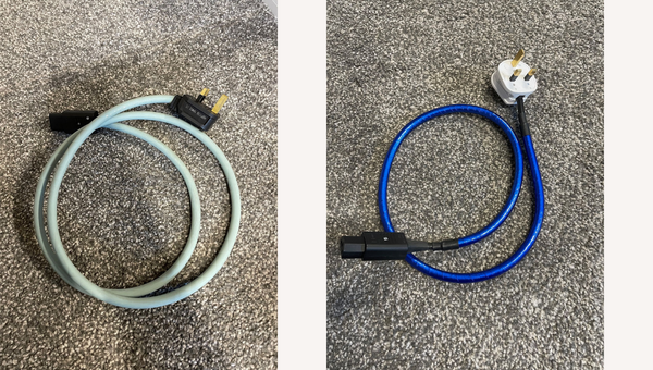 Two photos side by side. The one on the left is of the ISOL-8 IsoLink Wave mains cable and the one on the right is of the Chord Company Clearway Power cable.