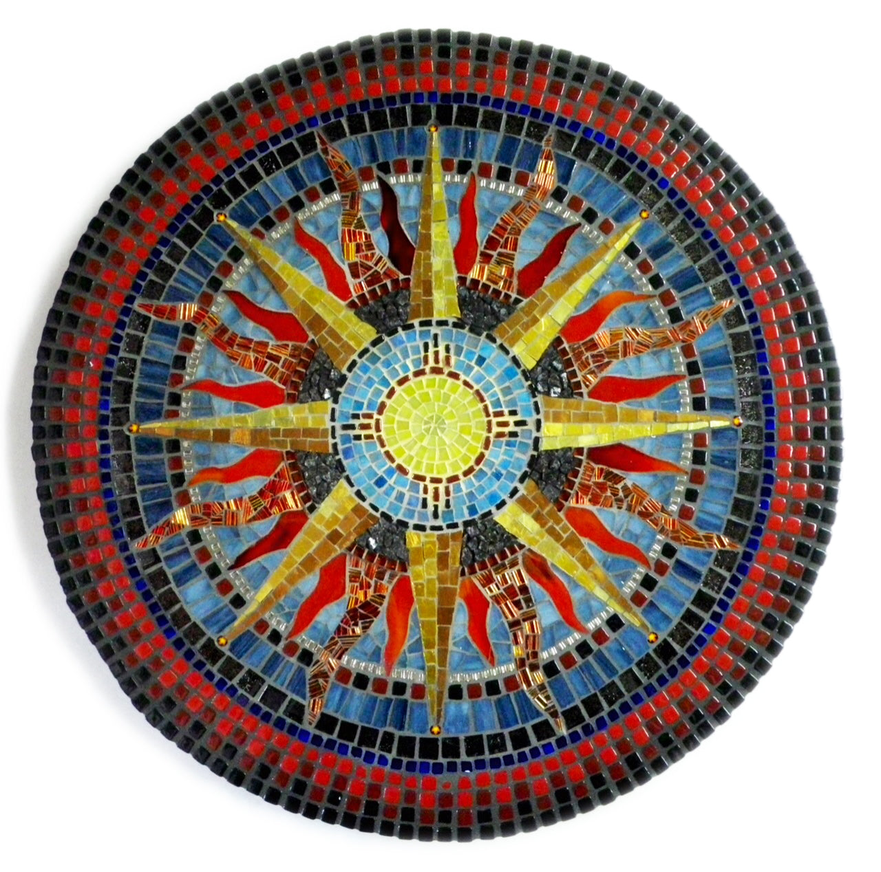 “The Same Sun”  by Dianne Sonnenberg - 16” mosaic mandala. Stained glass, glass tile, beads. Dichroic glass, murrini, granite, 24K Gold Tile.  For my brother, who reminds me that no matter how far apart we are, when we look up into the sky, we see the same moon and the same sun.