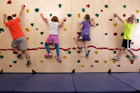Children climbing on a school climbing wall