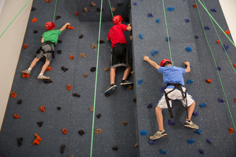 Boys rock climbing on a School Top Rope Wall by Everlast Climbing