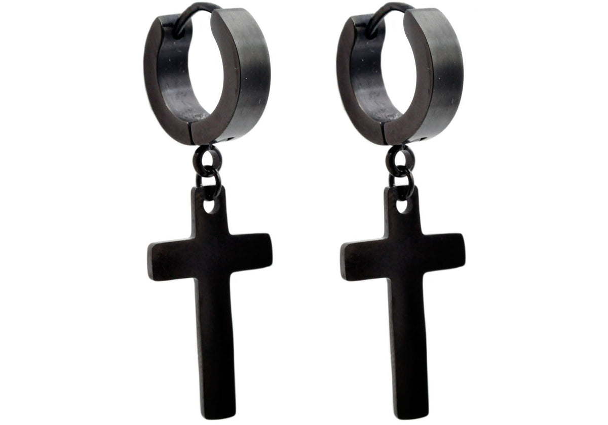 Mens Black Stainless Steel Hoop Cross Earrings | Blackjack Jewelry