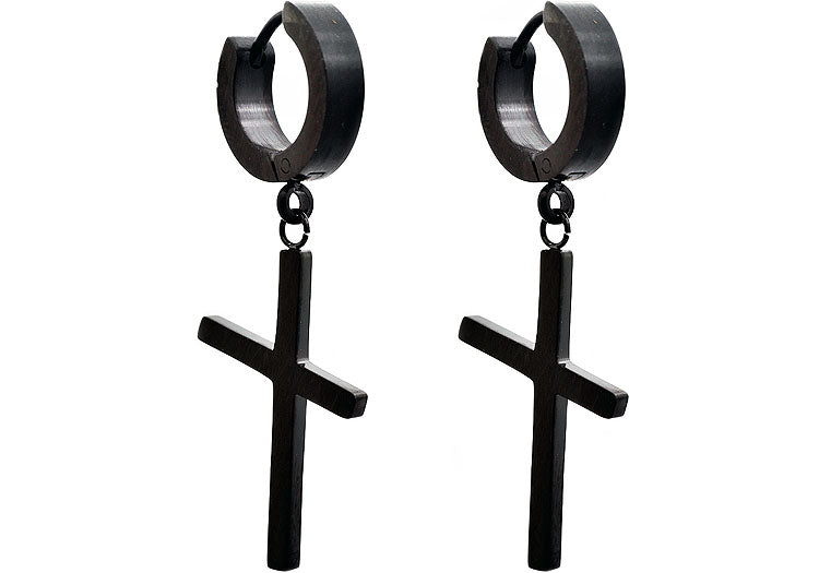 Mens Black Stainless Steel Hoop Cross Earrings | Blackjack Jewelry