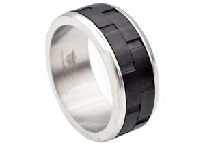 Mens Black And Silver Stainless Steel Brick Design 9mm Band Ring - Blackjack Jewelry
