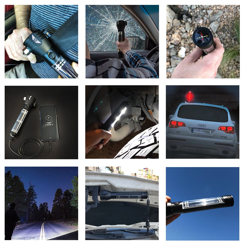 Tactical Black Roadside Rescuer 9-in-1 Multi-function Solar Powered Car Emergency Flashlight