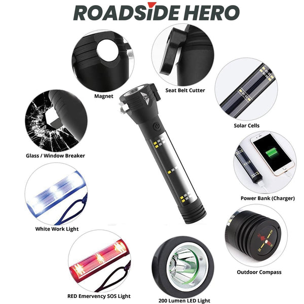 Tactical Black Roadside Rescuer 9-in-1 Multi-function Solar Powered Car Emergency Flashlight