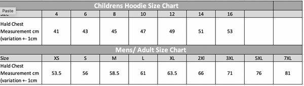 Kurri Kurri Gymnastics Black Hoodie Size Chart- by GMD Activewear Australia