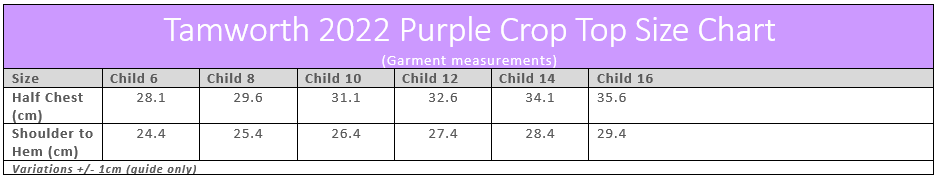 Tamworth CCC 2022 Lilac Crop Top Size Chart- by GMD Activewear Australia