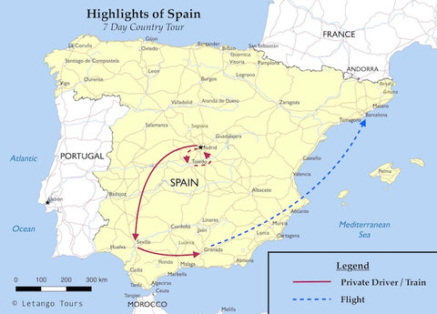 Letango Tours Highlights of Spain tour map