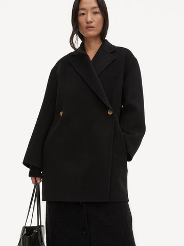 black oversized coat with two buttons at front by malene birger