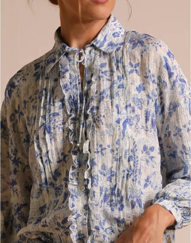 all-over blue and ivory floral printed cotton viscose blouse from High by Claire Campbell SS22