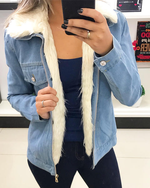 jaqueta feminina jeans com pelo