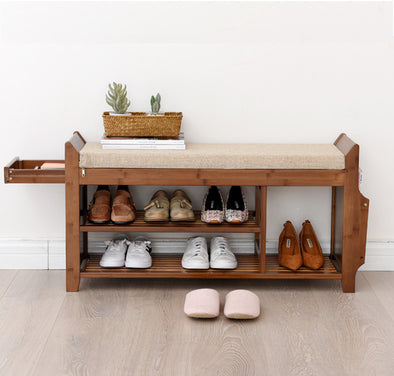 Bamboo 2 Tier Shoe Rack Bench with Removable Cushion and Invisible Dra ...