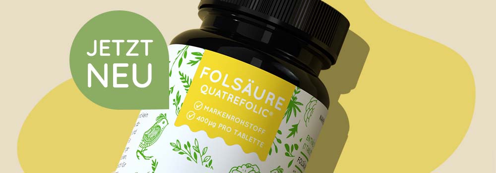 Eine Dose mit den neuen Folsäure Tabletten von Nature Love auf gelbem Hintergrund