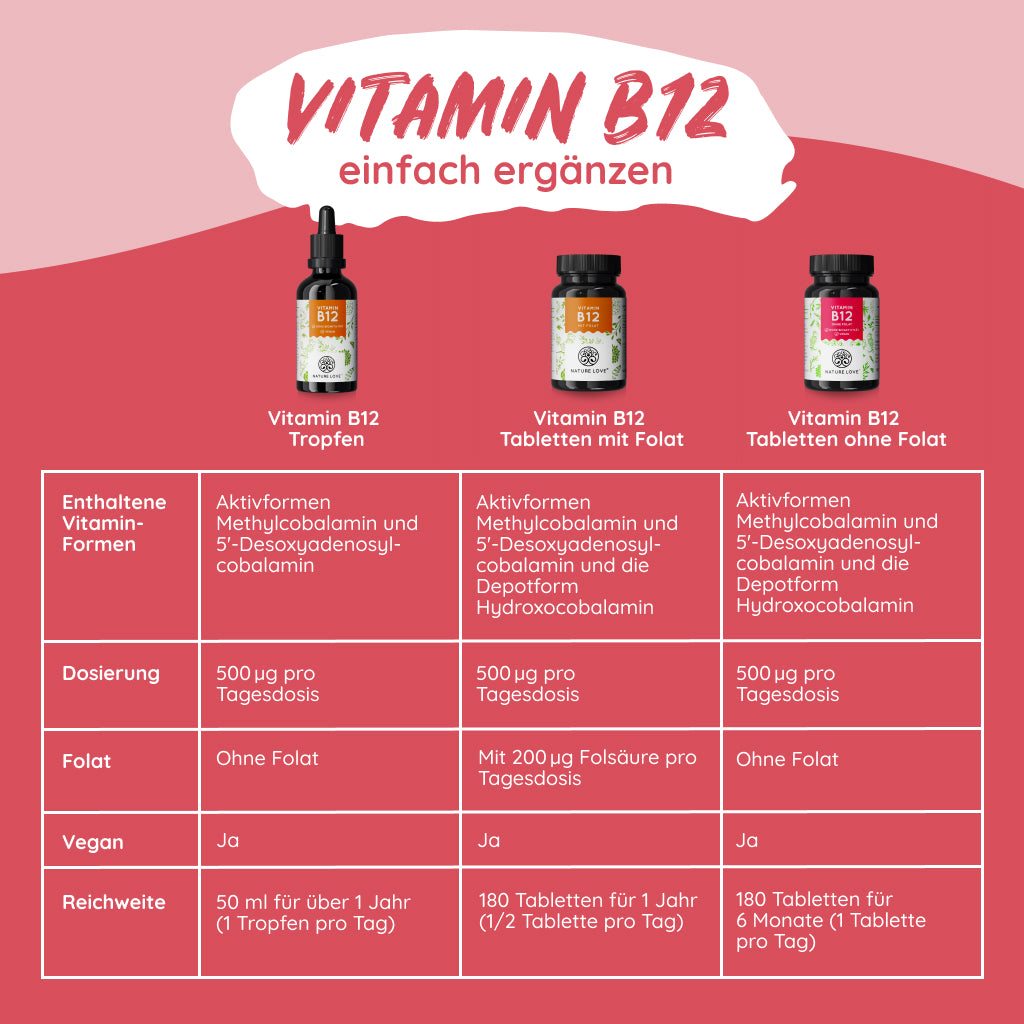 Das Schaubild vergleicht die verschiedenen Vitamin B12 Produkte von Nature Love