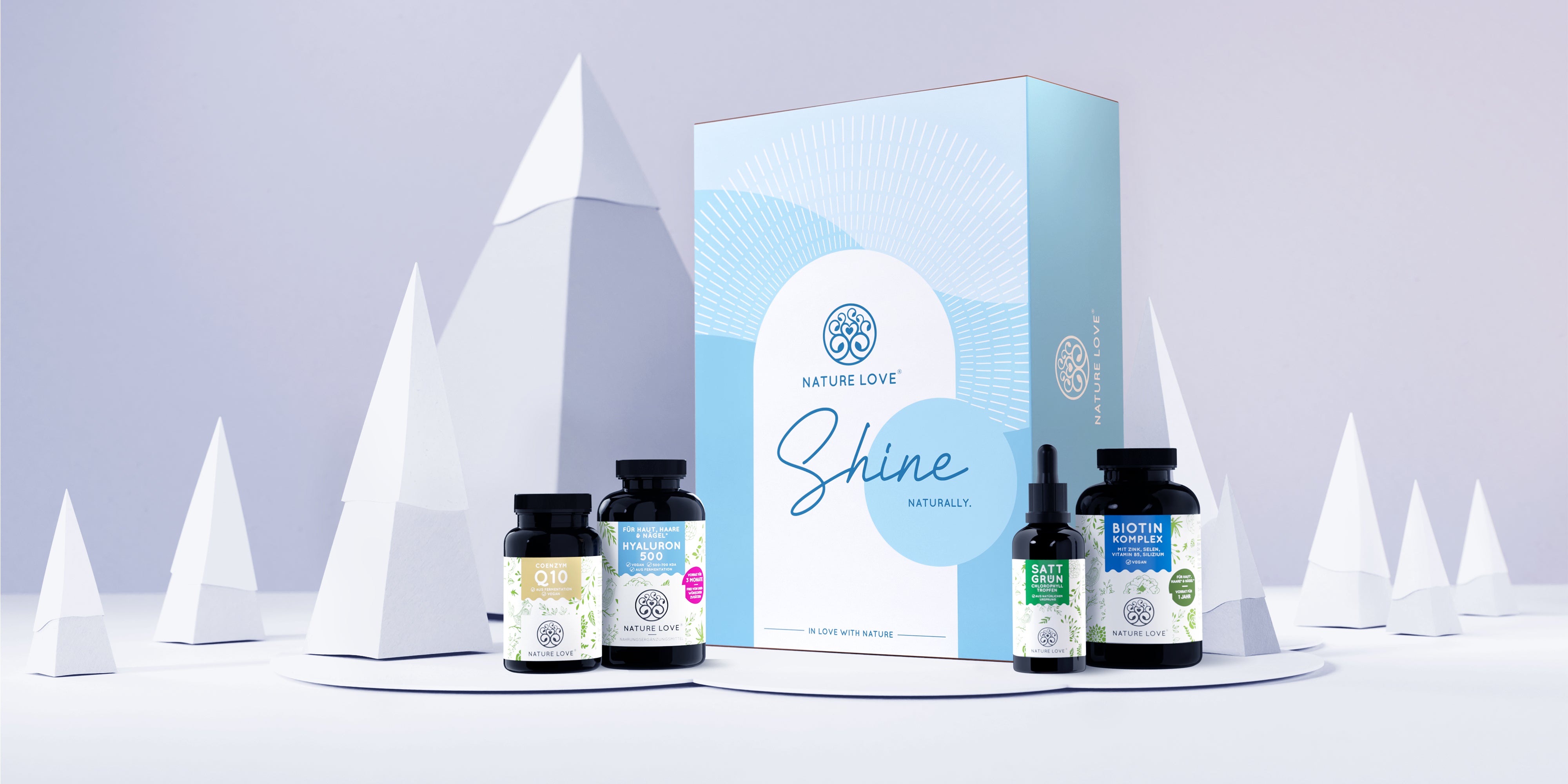 Geschenkset Shine zum Vorteilspreis mit Hyaluronsäure, Biotin Komplex, Coenzym Q10 und Chlorophyll Tropfen von Nature Love
