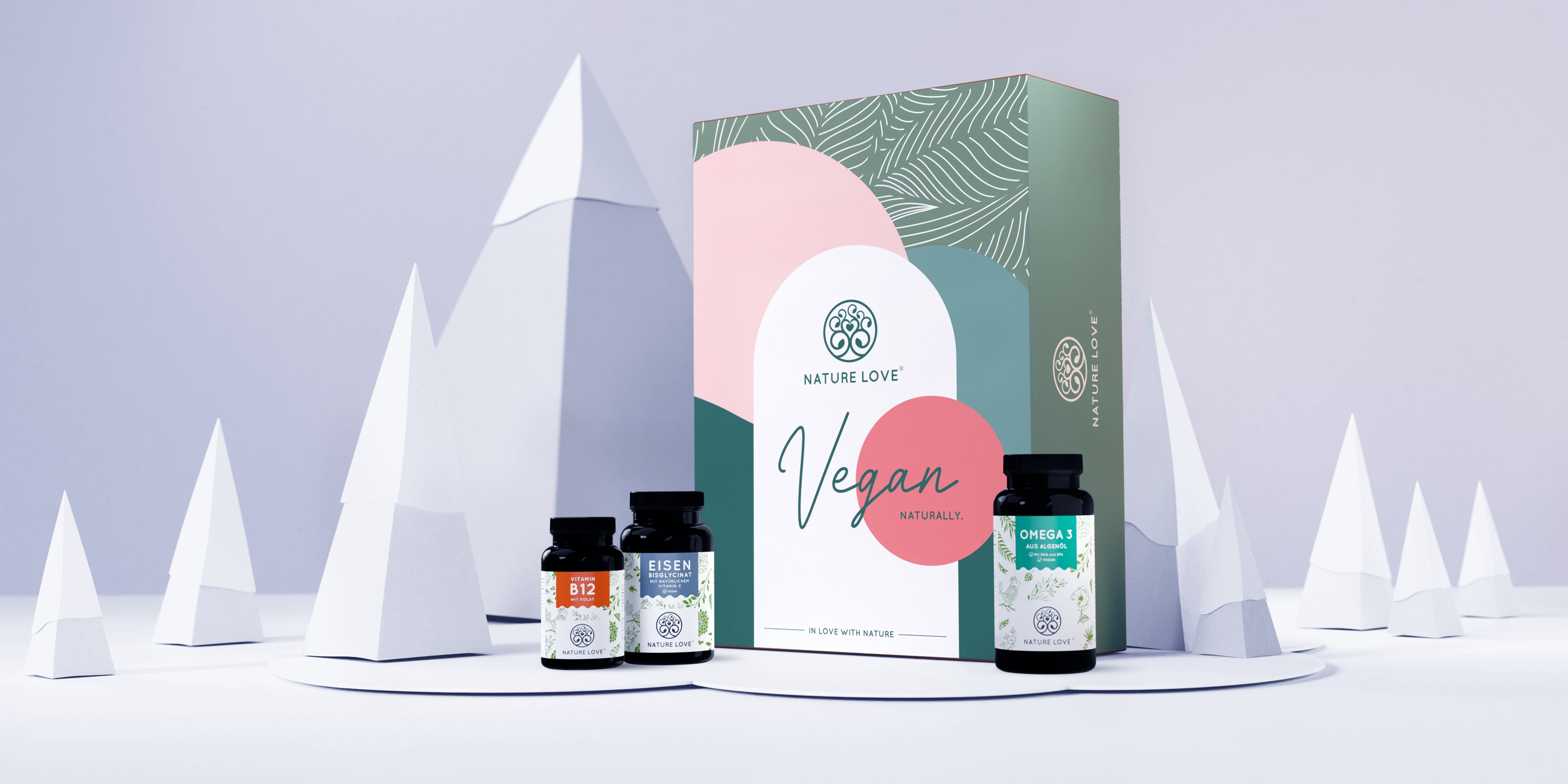 Geschenkset Vegan zum Vorteilspreis mit Vitamin B12 Tabletten, Eisen Tabletten und Omega 3 aus Algenöl von Nature Love
