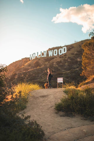 A hiker wearing DUER pants hiking up to the Hollywood sign