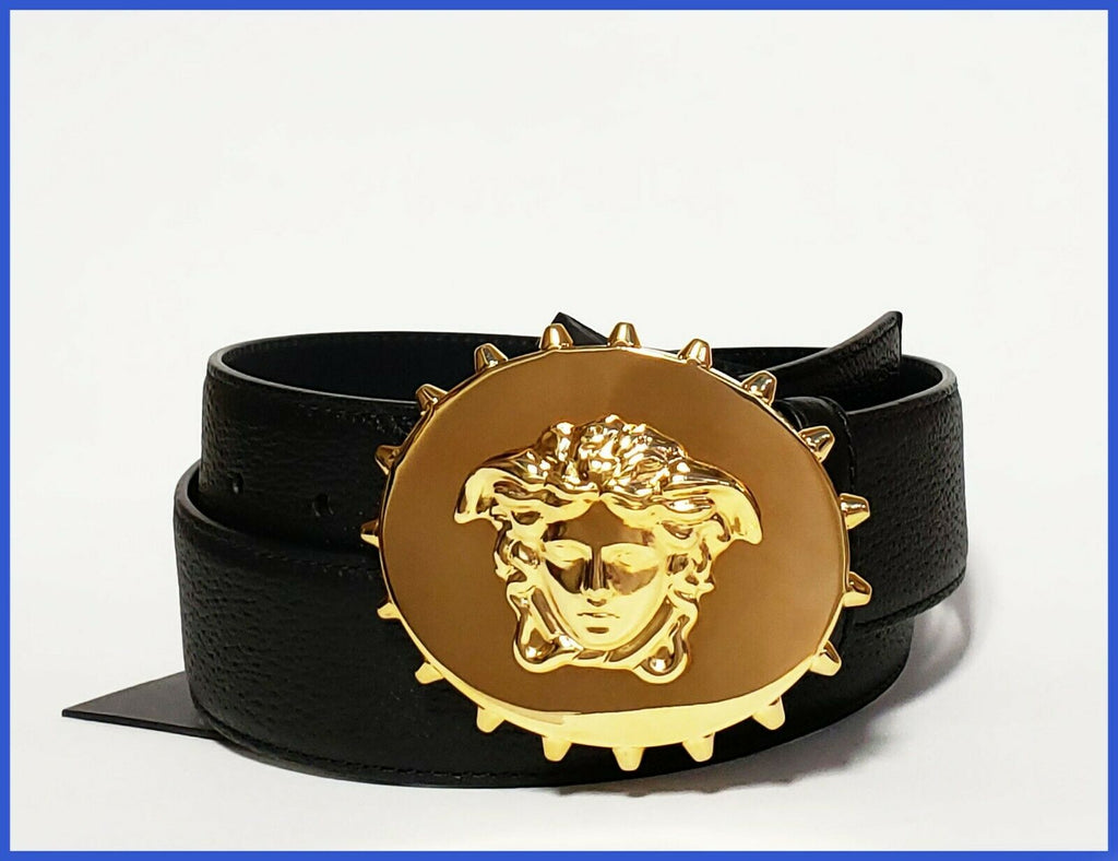 New Versace Black Leather Spike Medusa Palazzo Belt 90/36 | Exquisite Finds