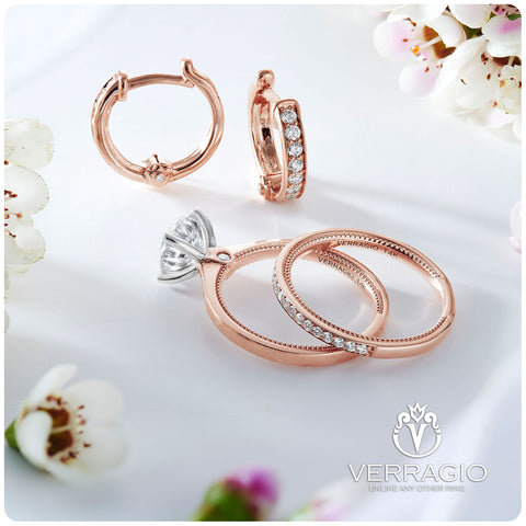 Rose gold bridal jewelry set. Matching engagement ring and band with earrings by Verragio at Birmingham Jewelry