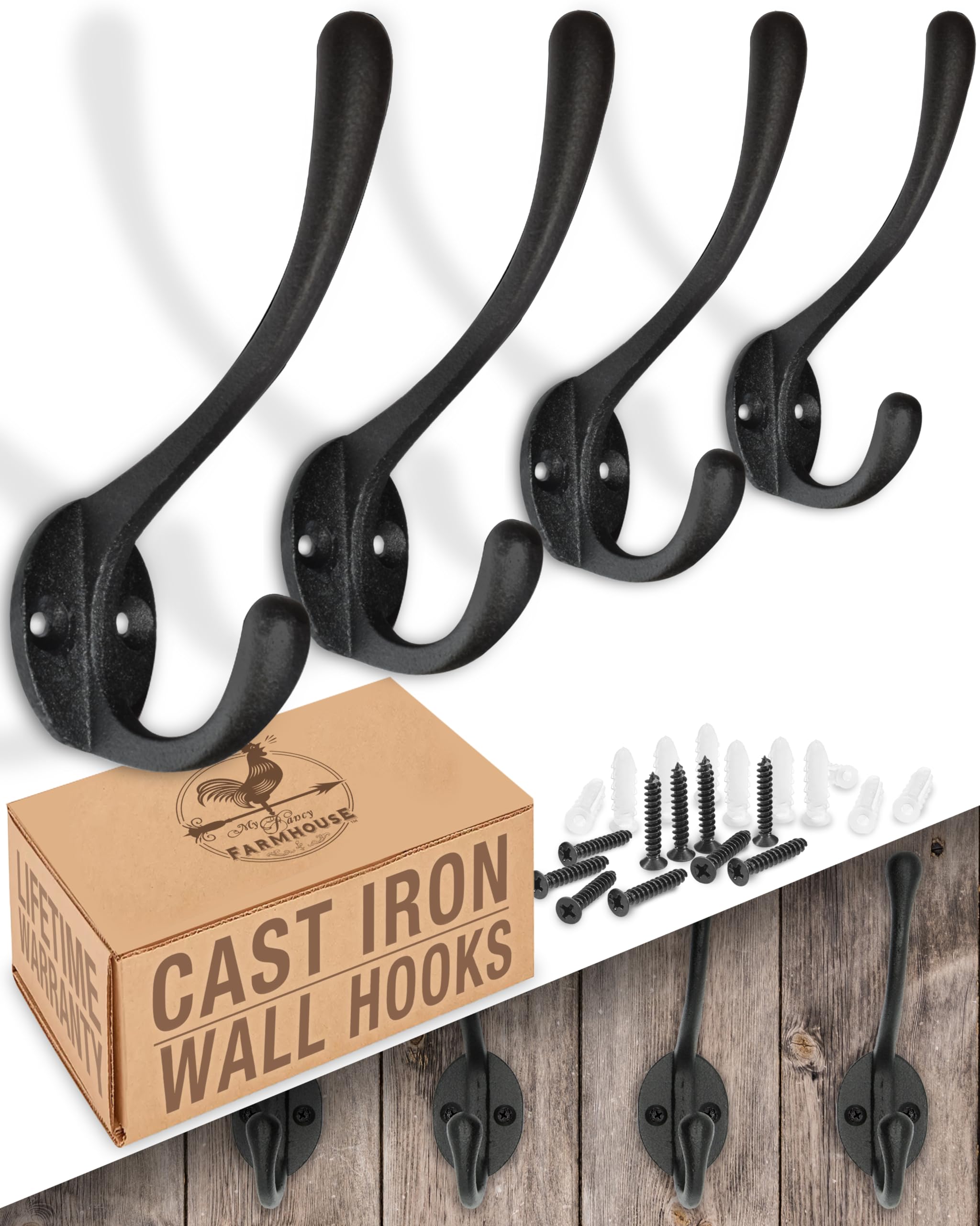 Rustic Cast Iron Coat Hooks Wall Mounted Farmhouse Decorative Tri Leg Wall  Hooks, Vintage Hooks for Hanging Coats, Bags, Hats, Towels (Black, Large