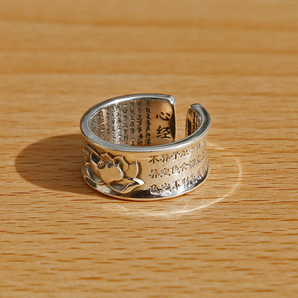 Engraved Lotus with Buddhist Sutra Adjustable Sterling Silver Ring, Tibetan Buddhist Ring, Meditation Ring - ZentralDesigns