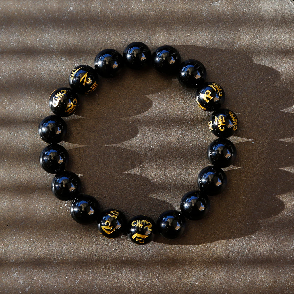 Buddhist Prayers Black Onyx Mens Beaded Bracelet, Tibetan Buddhism Pra