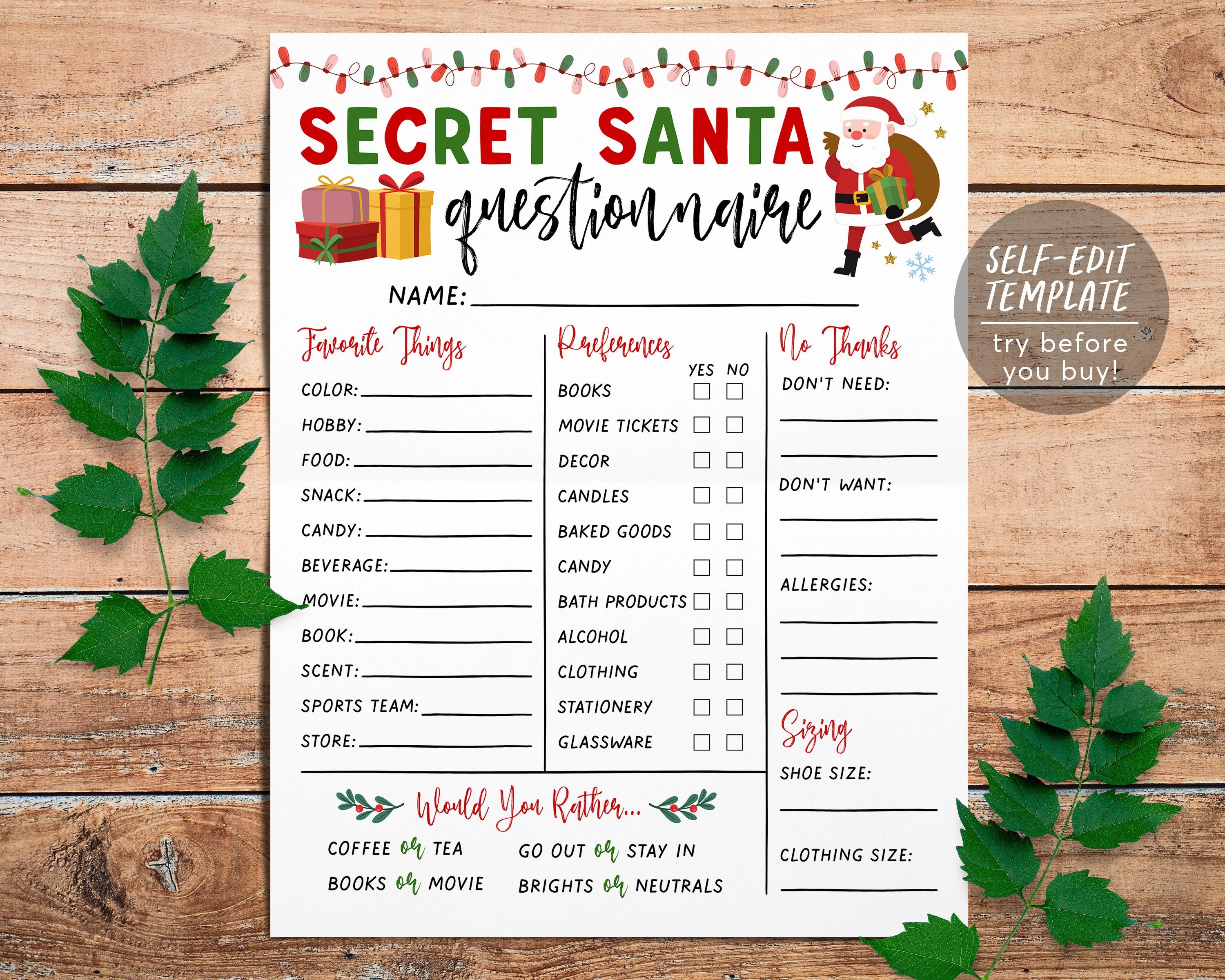 Secret Santa Questionnaire Editable Template, Holiday Christmas Gift E –  Puff Paper Co