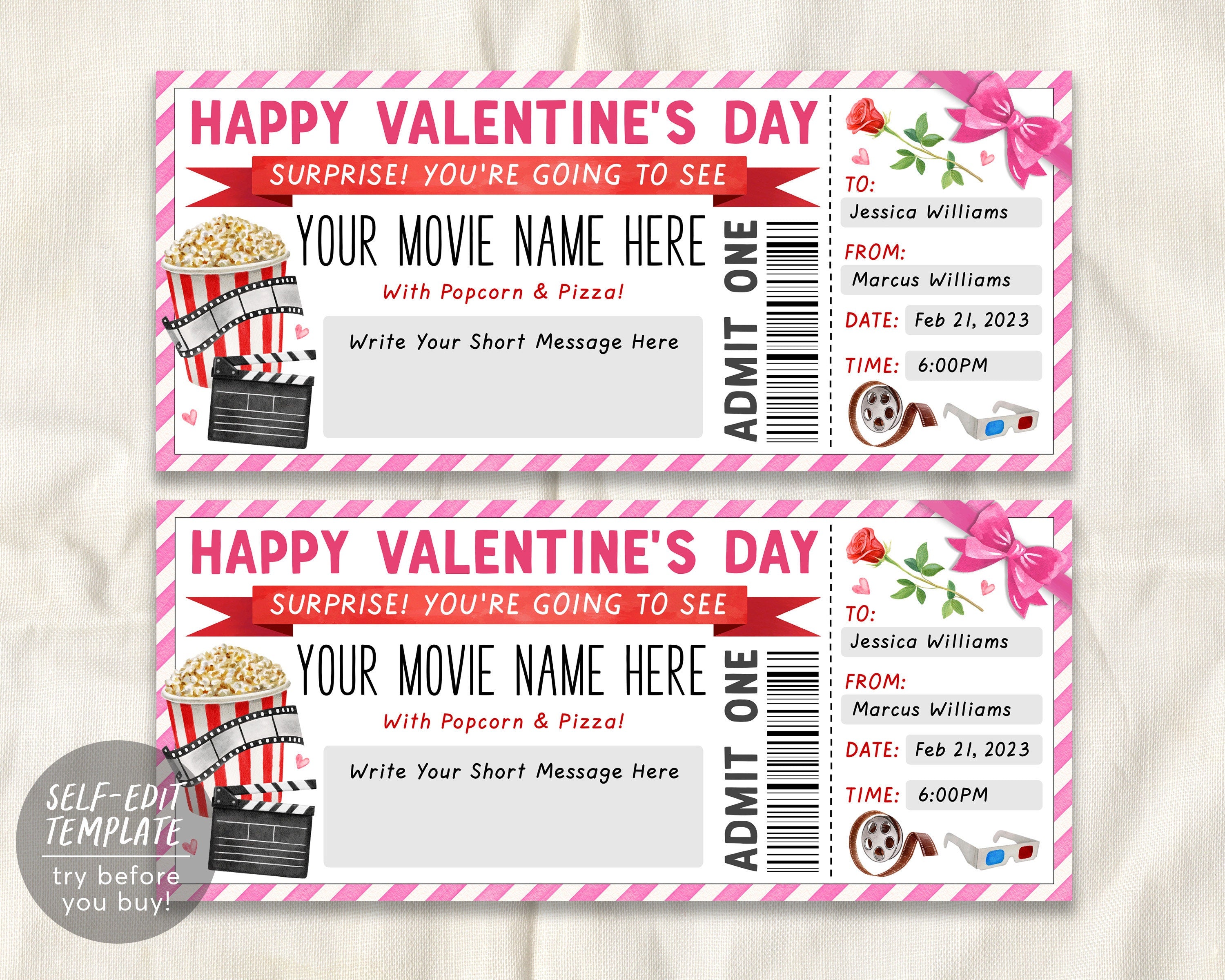 Valentines Day Movie Ticket Invitation Editable Template, Movie Night –  Puff Paper Co